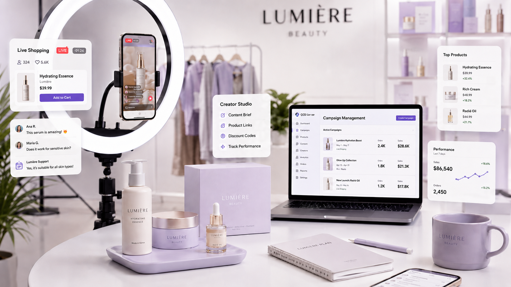 Creator studio setup with smartphone, ring light, beauty products, campaign dashboard and live shopping system.