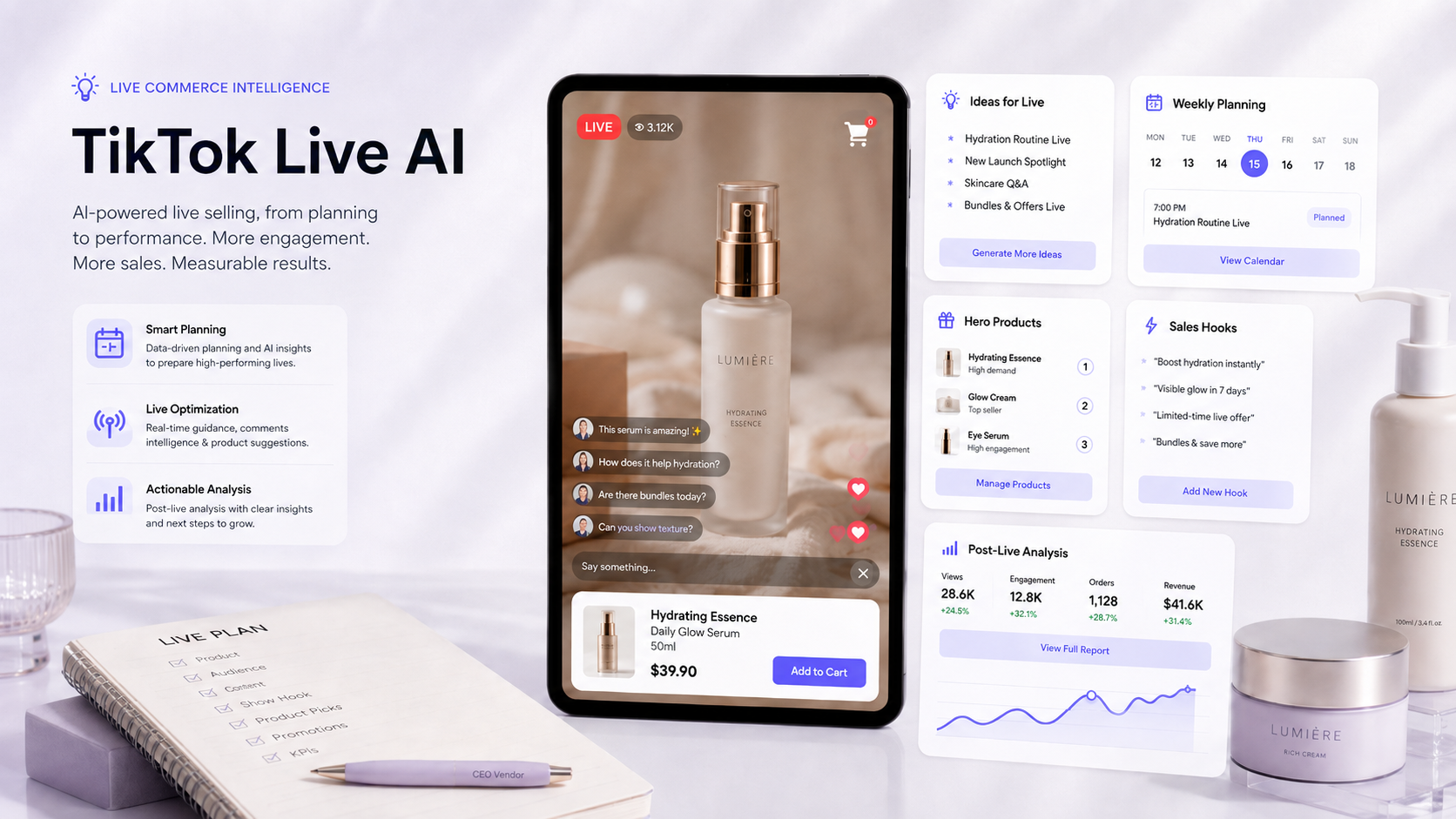 TikTok Live AI mockup with weekly planning, hero products, sales hooks and post-live analysis.